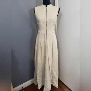 Zara A Line Linen Maxi Dress Raw Hem Front Zip Women's Size S High Waist